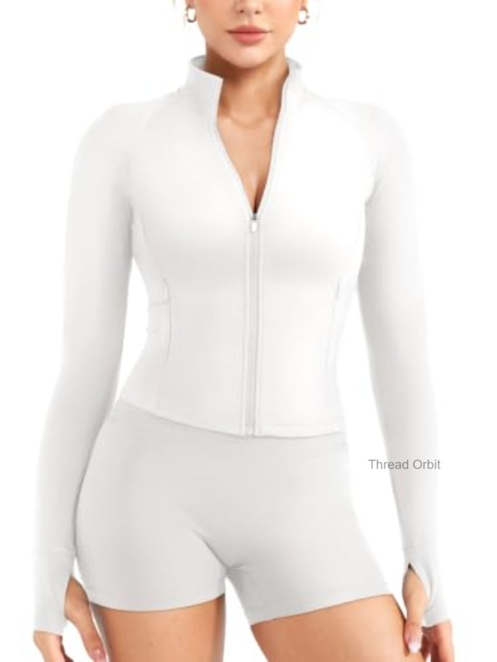 Full Zip Workout Jacket Long Sleeve Thumb Hole Cropped Gym Yoga